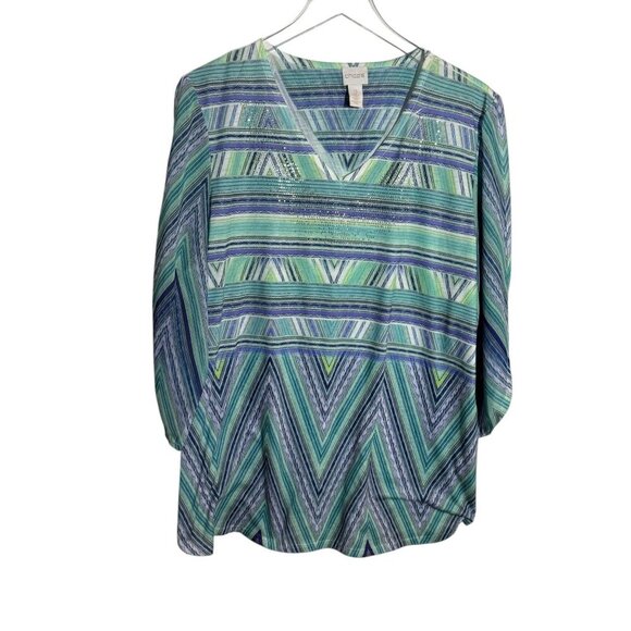Chicos size 3 v-neck knit tunic top semi-sheer sleeves chico's size XL - Picture 1 of 10